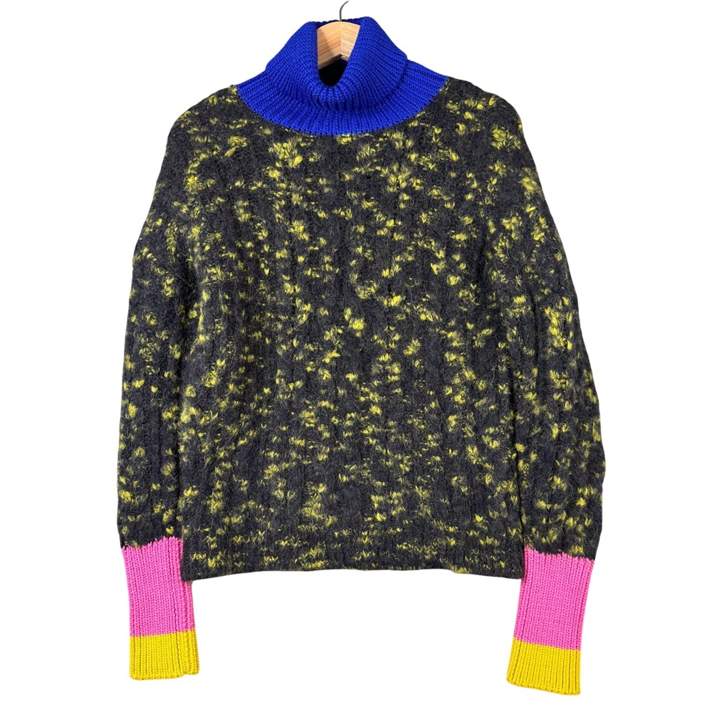 ODEEH Mohair Wool Blend Colorblock Turtleneck Sweater Black Yellow Blue XS